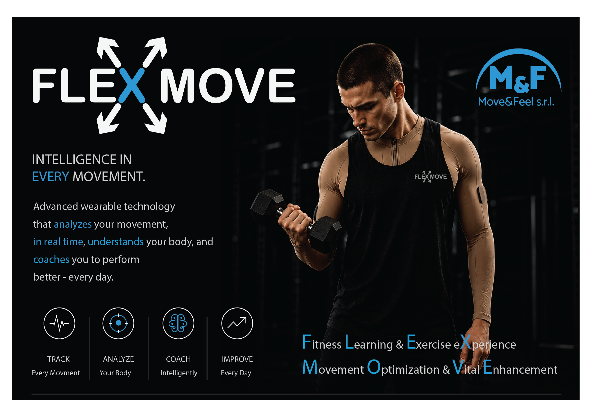 FLEX-MOVE motion-tracking demo with a participant exercising while a screen visualizes posture landmarks and live movement analysis
