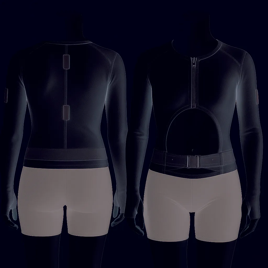 Female FLEX-MOVE inner-layer smart clothing shown front and back on a dark background