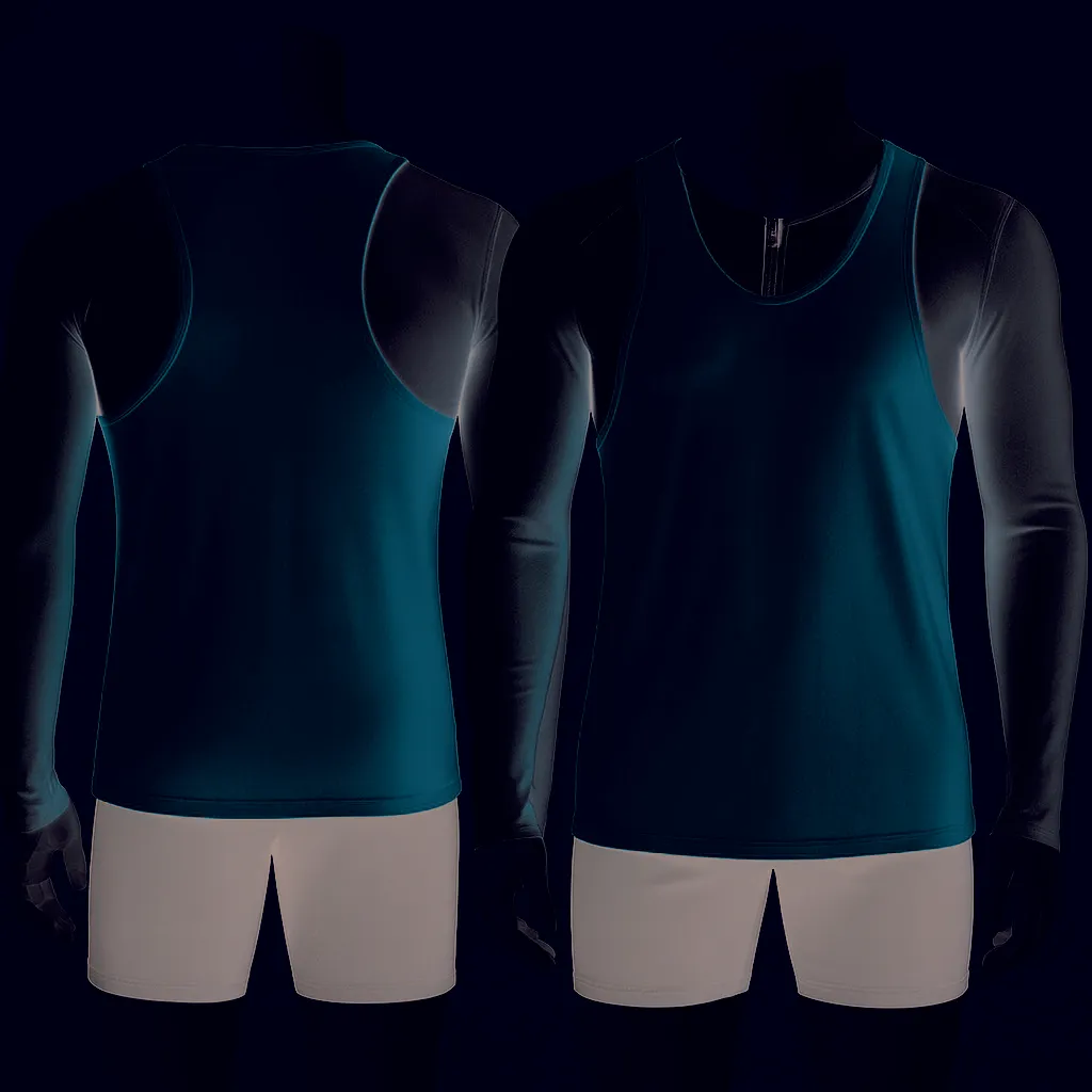 Male FLEX-MOVE inner-layer smart clothing shown front and back on a dark background
